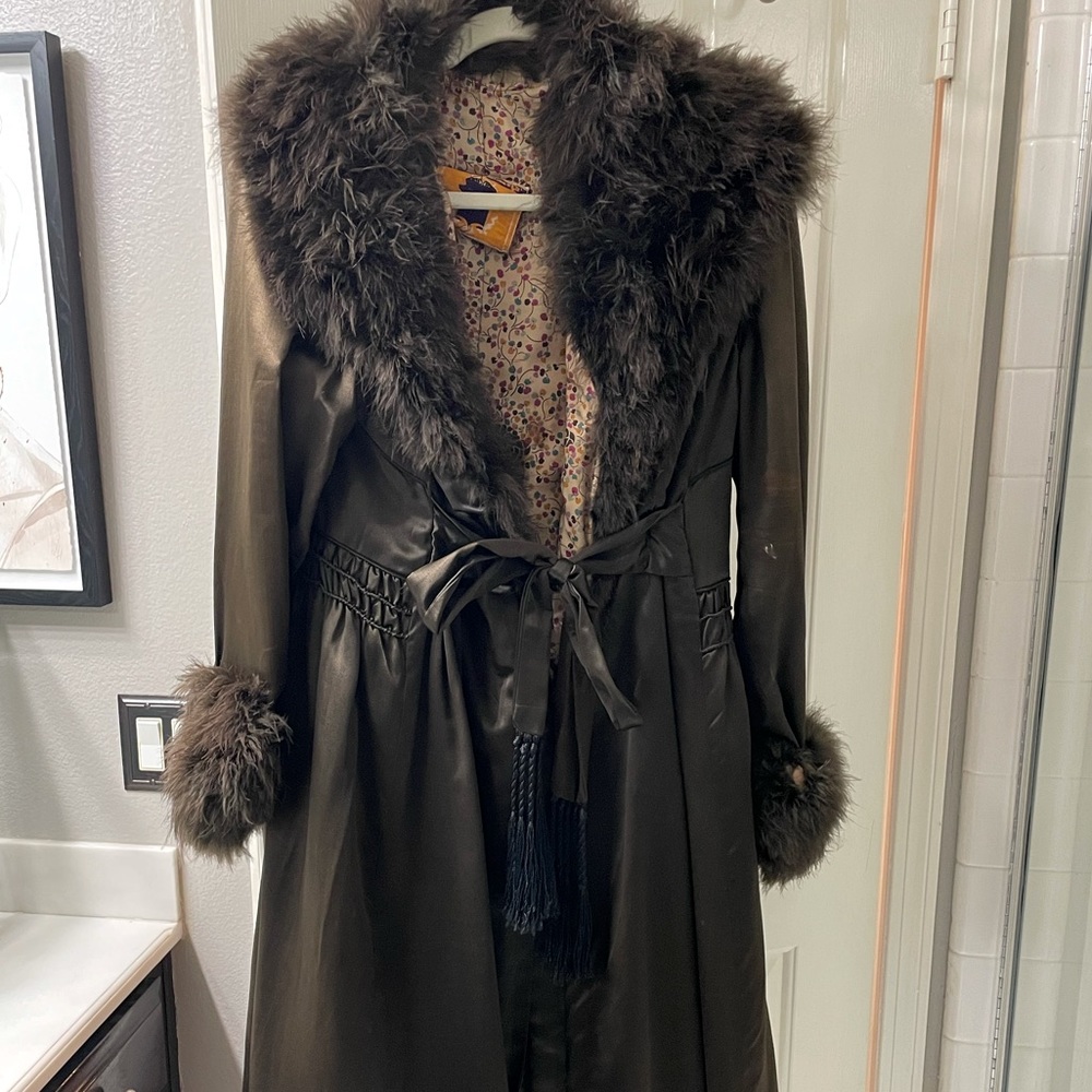 1930s authentic ostrich feather olive green silk opera robe